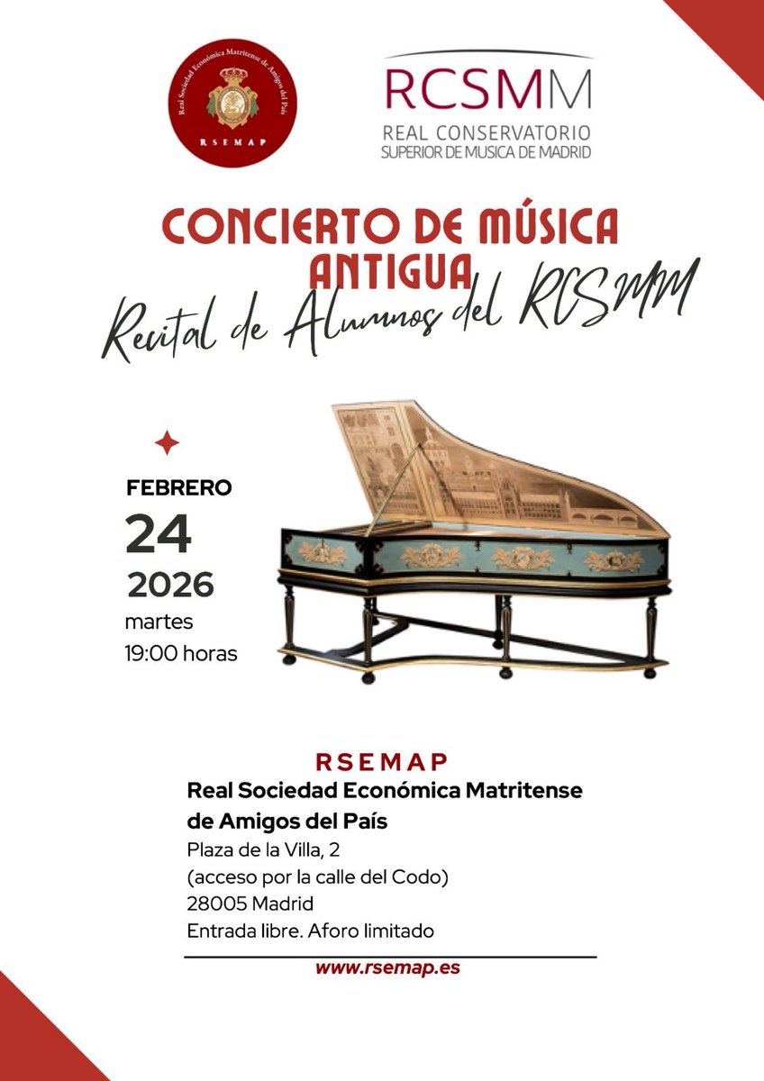 RCSMM415's tweet photo. En medio de la intensa jornada musical de hoy en el Departamento de Música Antigua del RCSMM, queremos anunciar la próxima cita destacada:

📅 Martes 24 de febrero · 19:00h
🎶 Concierto de música antigua
📍 Real Sociedad Económica Matritense de Amigos del País

Esperamos veros🎶 https://t.co/lwOtDR6Fpd