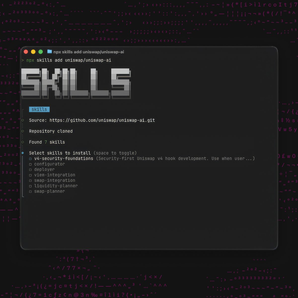 Agents execute on Uniswap 

We've released seven new Skills giving structured access to core Uniswap protocol actions

Your starting point for agentic workflows onchain