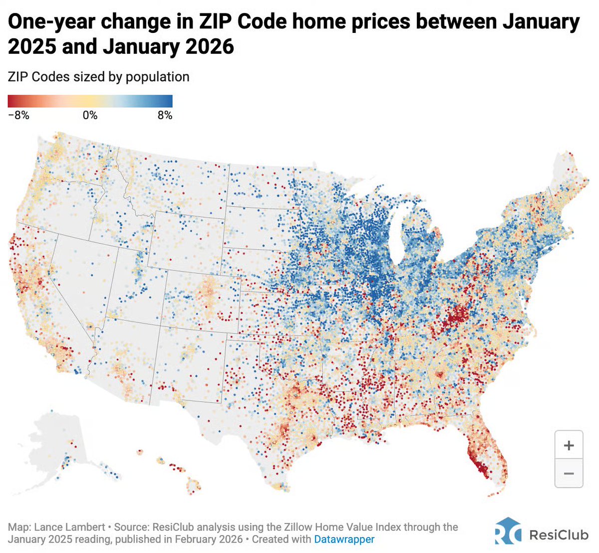 Year-over-year shift in home prices, by ZIP Code

Map via <a href="/ResidentialClub/">ResiClub 🏡📊</a>