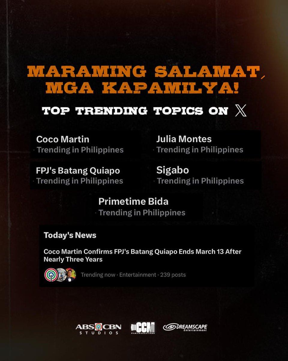BACK-TO-BACK TRENDING! 🔥🔥 Maraming salamat, mga Kapamilya!  

Wala nang atrasan at wala nang hingahan sa nalalapit na pagtatapos ng #FPJsBatangQuiapo: Ang Huling Laban ni Tanggol ngayong March 13 at sa pagsisimula ng #Sigabo ngayong March 16!
