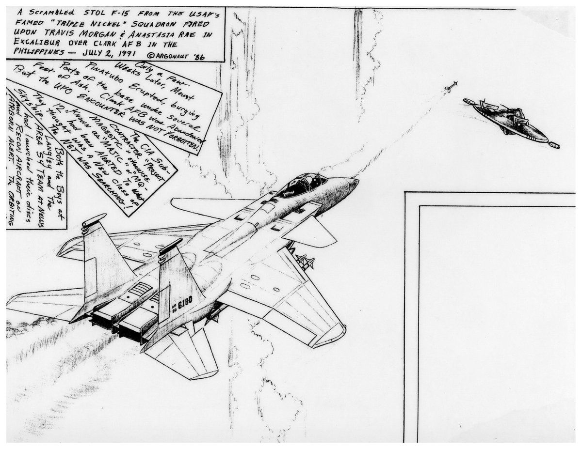(Image): “F-15 Eagle Variant Shooting at Manned Disc Shaped Craft”

F-15 Eagle Outfitted with Vectored Thrust Nozzles and Forward Canards. It is Shooting at a Human Piloted Alien Disc

The Encounter was Somewhere out over the Philippines but was rendered by hand in the VMFA-314,
