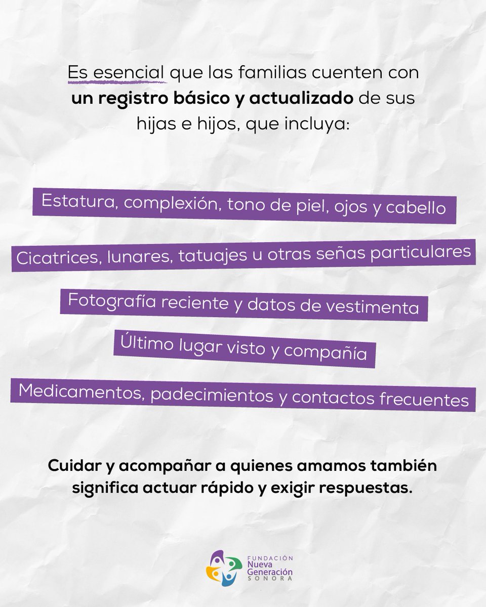 🚨 Si una niña, niño o adolescente desaparece, cada minuto cuenta.

Actuar de inmediato y tener a la mano su información básica puede hacer la diferencia para iniciar su búsqueda. La rapidez, la información y la difusión salvan vidas.

💜 Protegerles también es estar preparados.