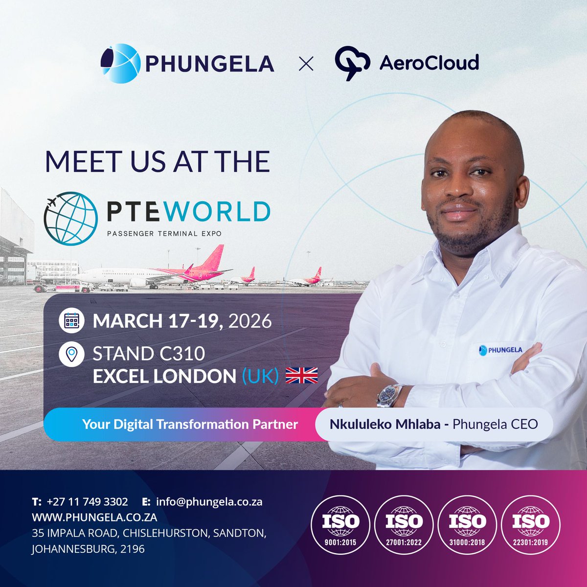 Join our CEO <a href="/NkululekoMhlaba/">Nkululeko Mhlaba</a> at #PTEWorld2026 🇬🇧

Phungela is partnering with <a href="/aerocloudsys/">AeroCloud</a> to drive smart airport transformation across Africa.

📍 Stand C310 | 17–19 March | Excel London

Let’s connect:📩 ceo@phungela.co.za

#SmartAirports #AfricanAviation #AviationInnovation