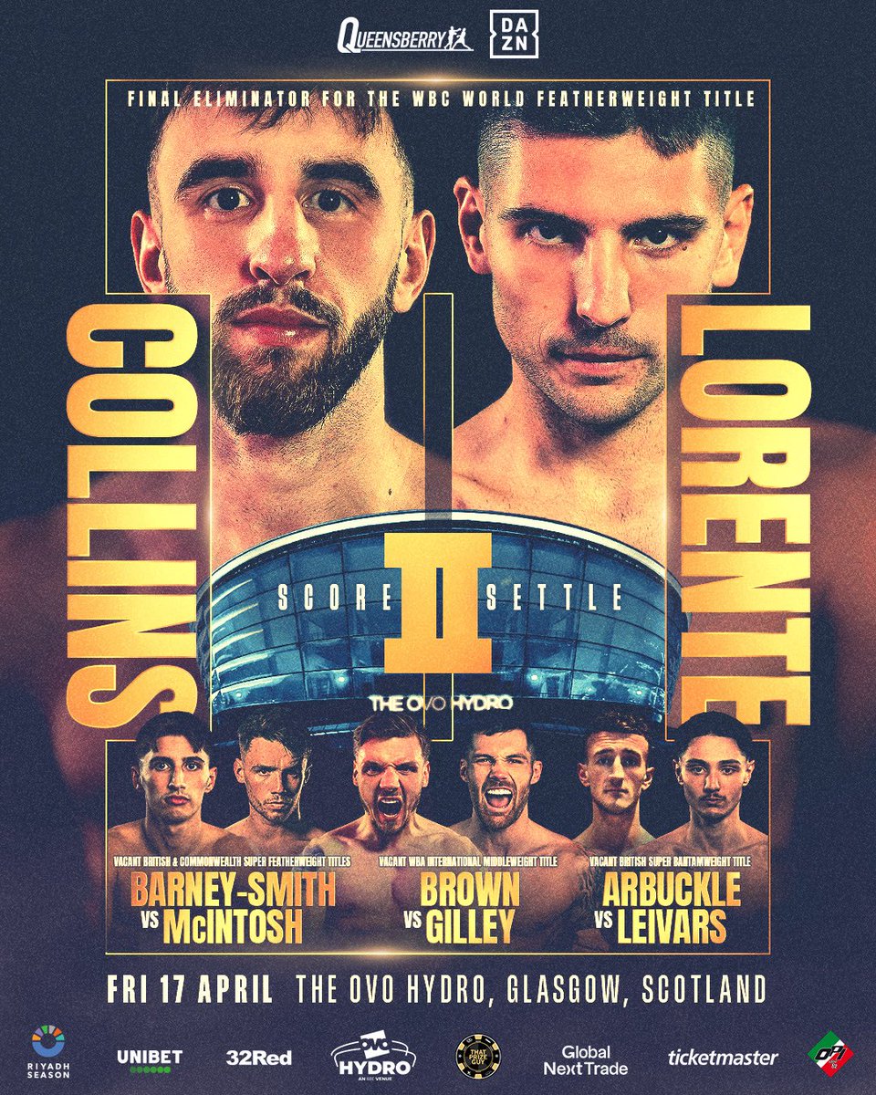 𝐒𝐂𝐎𝐑𝐄 𝟐 𝐒𝐄𝐓𝐓𝐋𝐄  🎬

The rematch is ON! A final eliminator for the WBC Featherweight World Title between Nathaniel Collins &amp; Cristobal Lorente headlines a stacked card in Glasgow 😤🔥

#CollinsLorente | April 17 | @ovohydro, Glasgow | Live on <a href="/DAZNBoxing/">DAZN Boxing</a>