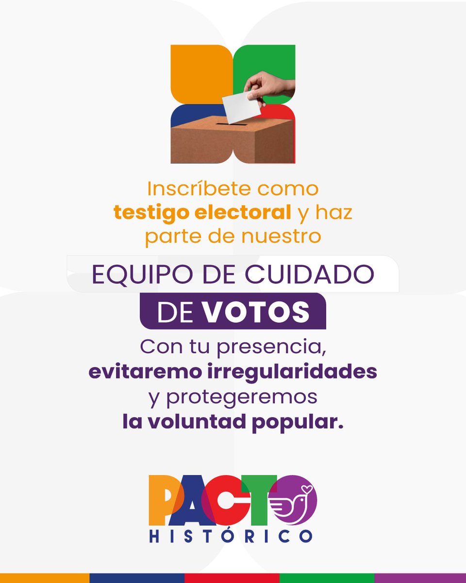 🚨Ante los desafíos electorales, convocamos a una veeduría ciudadana activa y organizada que garantice transparencia y respeto por el voto.

📢Invitamos a simpatizantes y ciudadanía comprometida con la democracia a inscribirse como testigos electorales.

¡Lo logrado se puede
