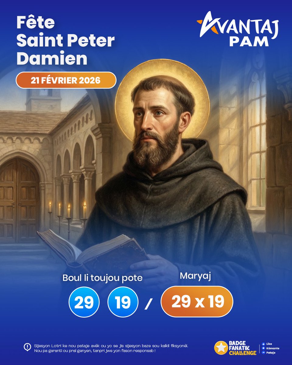 AvantajPam's tweet photo. ✨ 21 Fevriye Fèt " Saint Peter Damien"
🔮🎲 Boul ki mache ak dat sa a: 1️⃣9️⃣➖2️⃣9️⃣🔮
I
💍💑💖 Maryaj: 2️⃣9️⃣x1️⃣9️⃣💑💍💫

👉🏻Pran chans ou sou Avantaj Pam 

⚡🔥 Ret Branche Avantaj Pam 🔥���
Ap pote tout sen ki ap fete pou mwa Fevriye a pou ou! 🕯️💐🎊

#AvantajPam #BoulChans #Maryaj #Chans #Lanmou #fòkoujwe