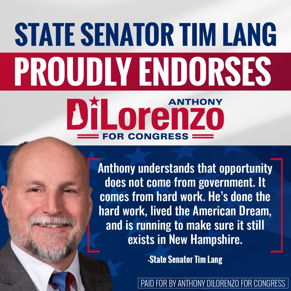 Proud to have the support of State Senator <a href="/tlangsr/">Senator Tim Lang</a>!