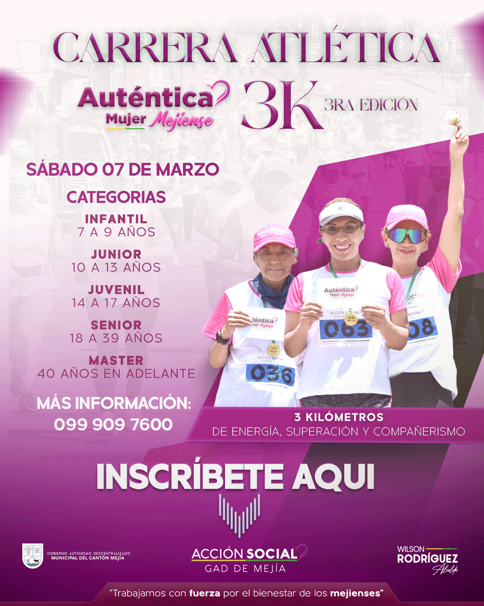 Coprodem's tweet photo. Únete a esta carrera atlética, serán 3 kilómetros de energía, superación y compañerismo, donde celebraremos juntos la fortaleza de las mujeres de #Mejía.
Regístrate: https://t.co/dxQIY4MbyT
¡Te esperamos! 
#WilsonRodriguezAlcalde https://t.co/GaJRiVvn5D