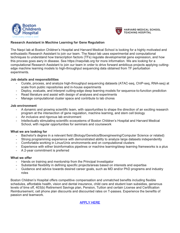 We are looking for two exceptional Research Assistants! 

1) Experimental, to drive forward quantitative studies of transcription factor function in development

2) computational, to develop and apply cutting-edge deep learning models of gene regulation.

Links below