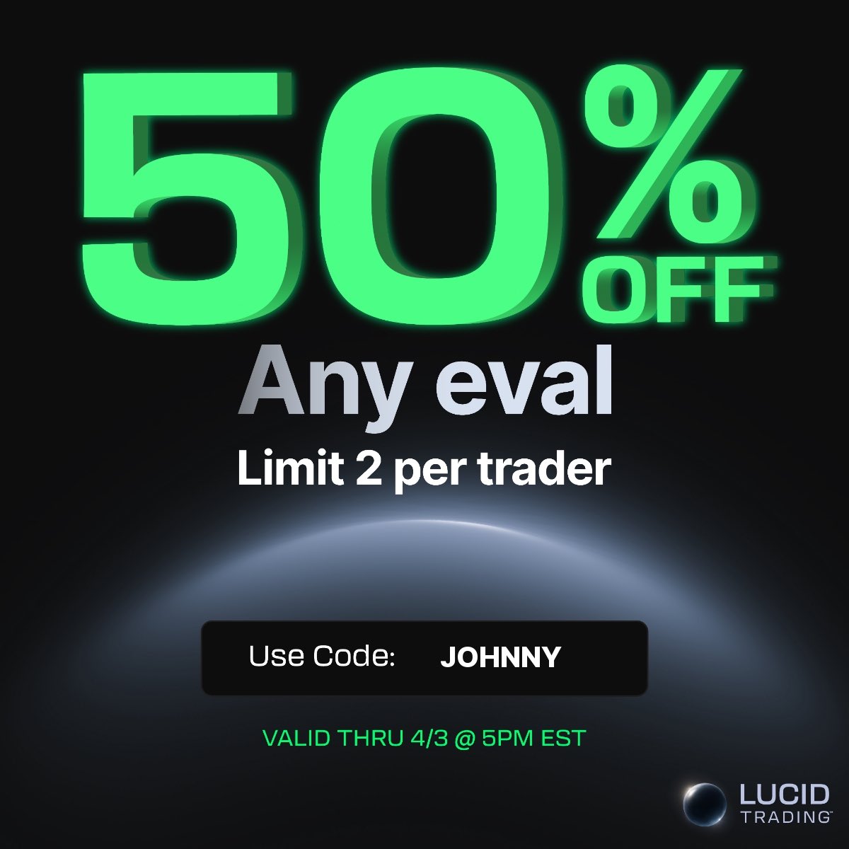 🚨 HUGE Sale and Giveaway Alert
Lucid 50% OFF Any Eval 
Use Code: JOHNNY
(DM/attach proof on here or my free Discord)
lucidtrading.com/ref/itsjoohnny/

Free 1x50K LucidFlex <a href="/TradingLucid/">Lucid Trading</a> 
Rules:
1. Like and Retweet 
2. Tag 3 friends
Winner will be picked on 2/25