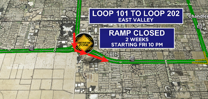 GinaMaravillaTV's tweet photo. TRAFFIC ALERT
Loop 101 Southbound ramp to the Loop 202 (Santan) shuts down Friday 10 pm and will CLOSED for the NEXT TWO WEEKS.
#azfamily #constructionalert https://t.co/mwUAQxirCX