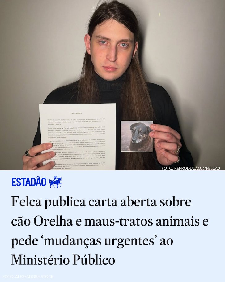 Felca publica carta aberta sobre cão Orelha e maus-tratos animais e pede ‘mudanças urgentes’ ao MP; leia → x.gd/MdRsO

Influenciador cobra responsabilização efetiva e propõe canal exclusivo de denúncias contra violência animal
