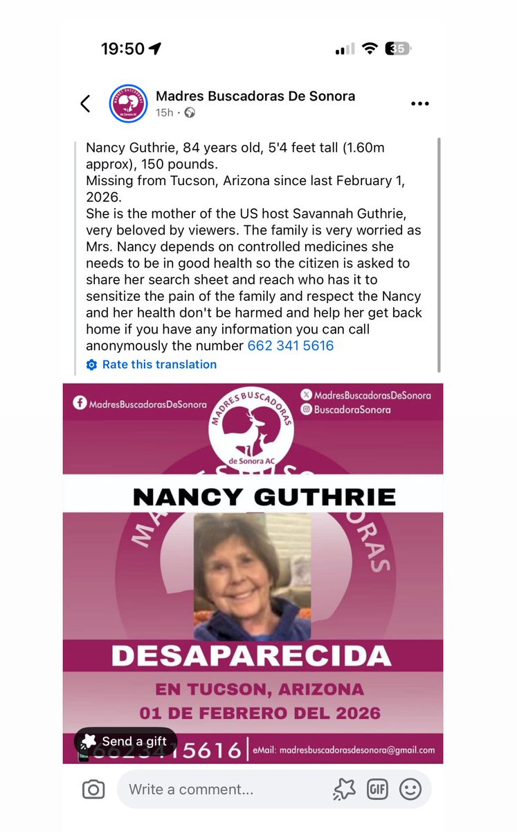 Nancy Guthrie

This is wonderful-

Madres Buscadoras de Senora are searching for Nancy.

2700 Recoveries

2400 Instances of reuniting the missing with their loved ones

#NancyGuthrie
#NancyGuthrieCase