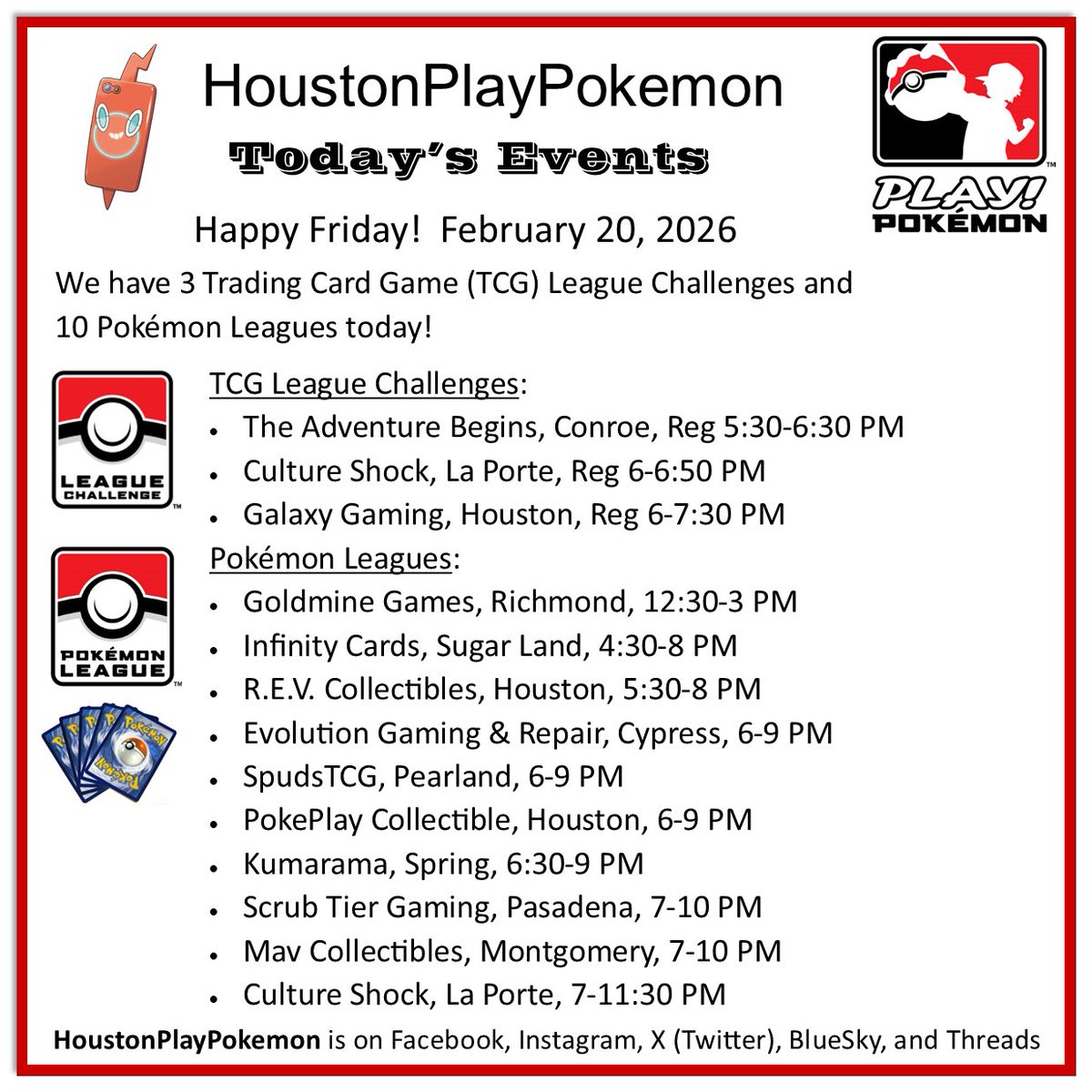 Happy Friday! We have 3 Trading Card Game (TCG) League Challenges and 10 Pokémon Leagues today! #PlayPokemon