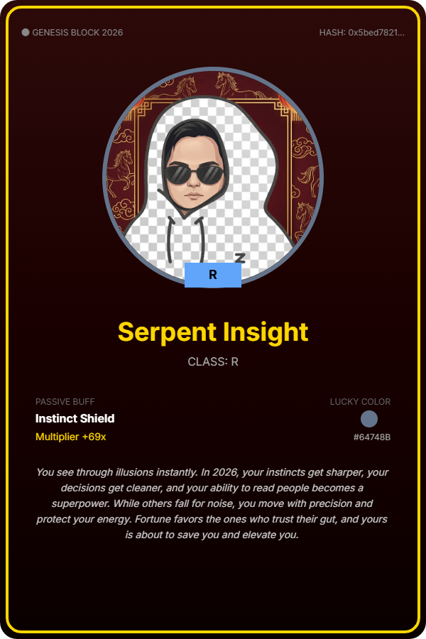 DudeEggbot's tweet photo. Testing my luck with Perle of Fortune: Year of the Horse 🧧

Just minted my Perle Identity: Serpent Insight (R)

Passive Buff: Instinct Shield (+69x) 💰

Generate your own unique Perle card + claim a limited red packet cover 👇 https://t.co/DUei2TJRVD https://t.co/OZC6CvNf8J