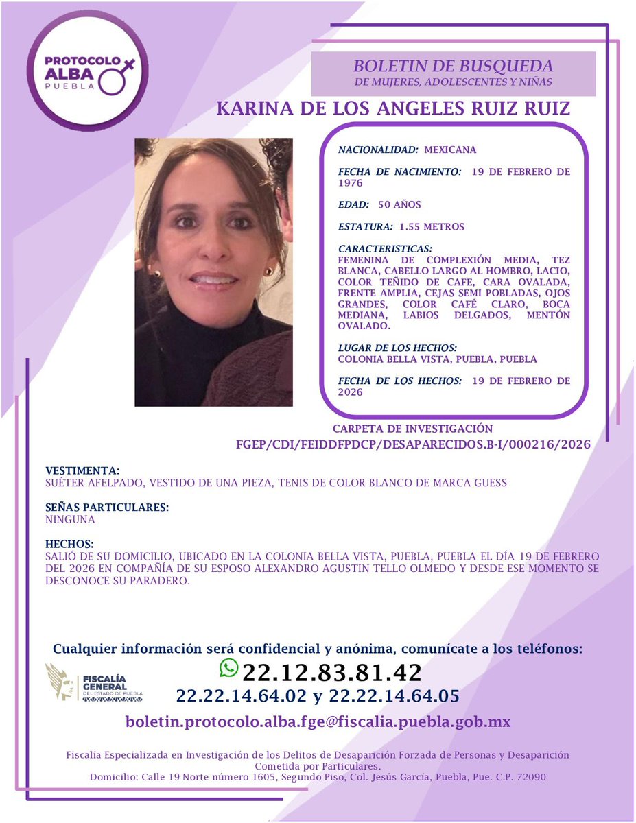 #ServicioSocial 🚨 Urge localizar a Alexandro Agustín Tello Olmedo y Karina de los Ángeles Ruiz Ruiz, ambos de 50 años. Fueron vistos por última vez el 19 de febrero, al salir de su domicilio en la colonia Bella Vista. 🙏📢 #Puebla