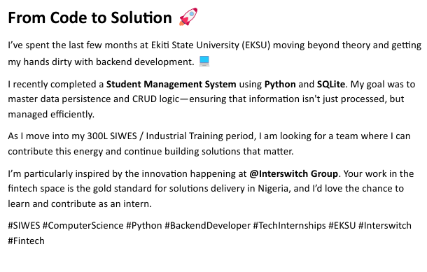 Omotayo_dis's tweet photo. Check out my project here: https://t.co/O35F3y4uiX
@InterswitchGRP
#SIWES #ComputerScience #Python #BackendDeveloper #TechInternships #EKSU #Interswitch #Fintech https://t.co/bHp5PzQDEO