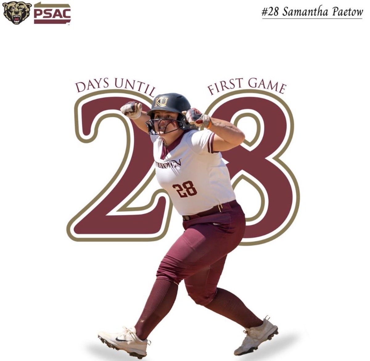 KUBearsSoftball's tweet photo. PSAC Home Opener countdown. 
Let the countdown begin! 🐻💛

As we gear up for our home PSAC opener, it’s time to shine the spotlight on the incredible athletes who make our team so special. What better way to kick things off than with our very own Samantha Paetow!!
Stay tuned! https://t.co/OzT8mxTKdQ