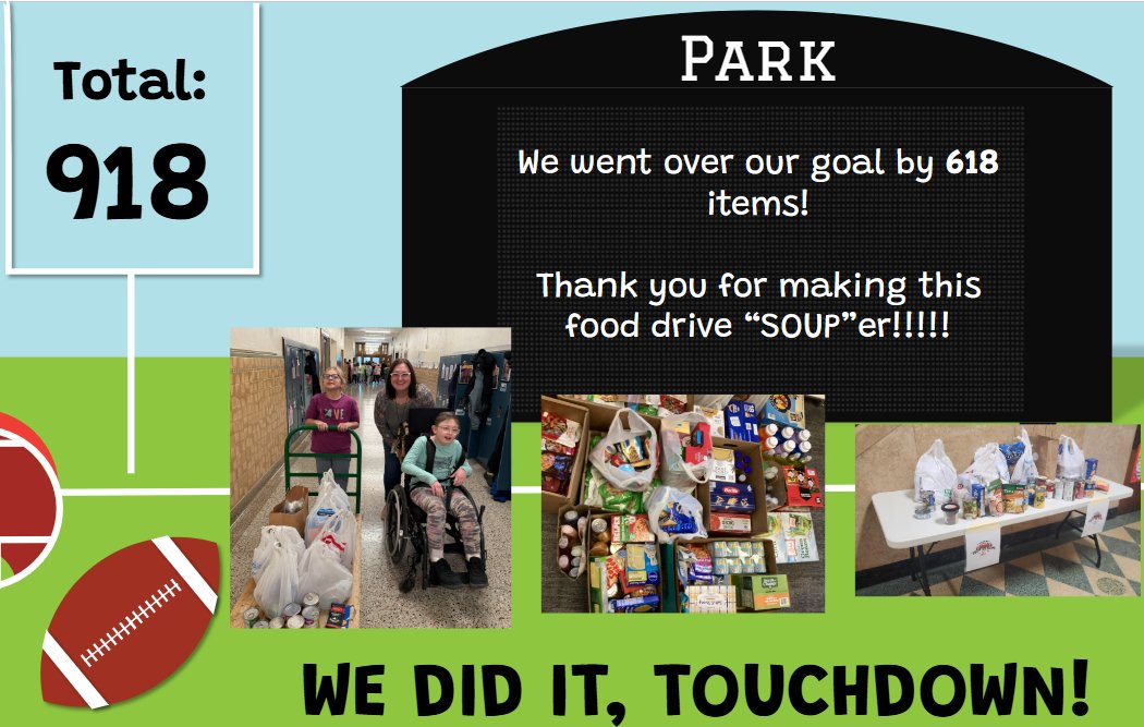 parkelem's tweet photo. Touchdown! We did it, Park! We did a SOUPer job at collecting items for the food shelf! https://t.co/9DuZNpTaMY
