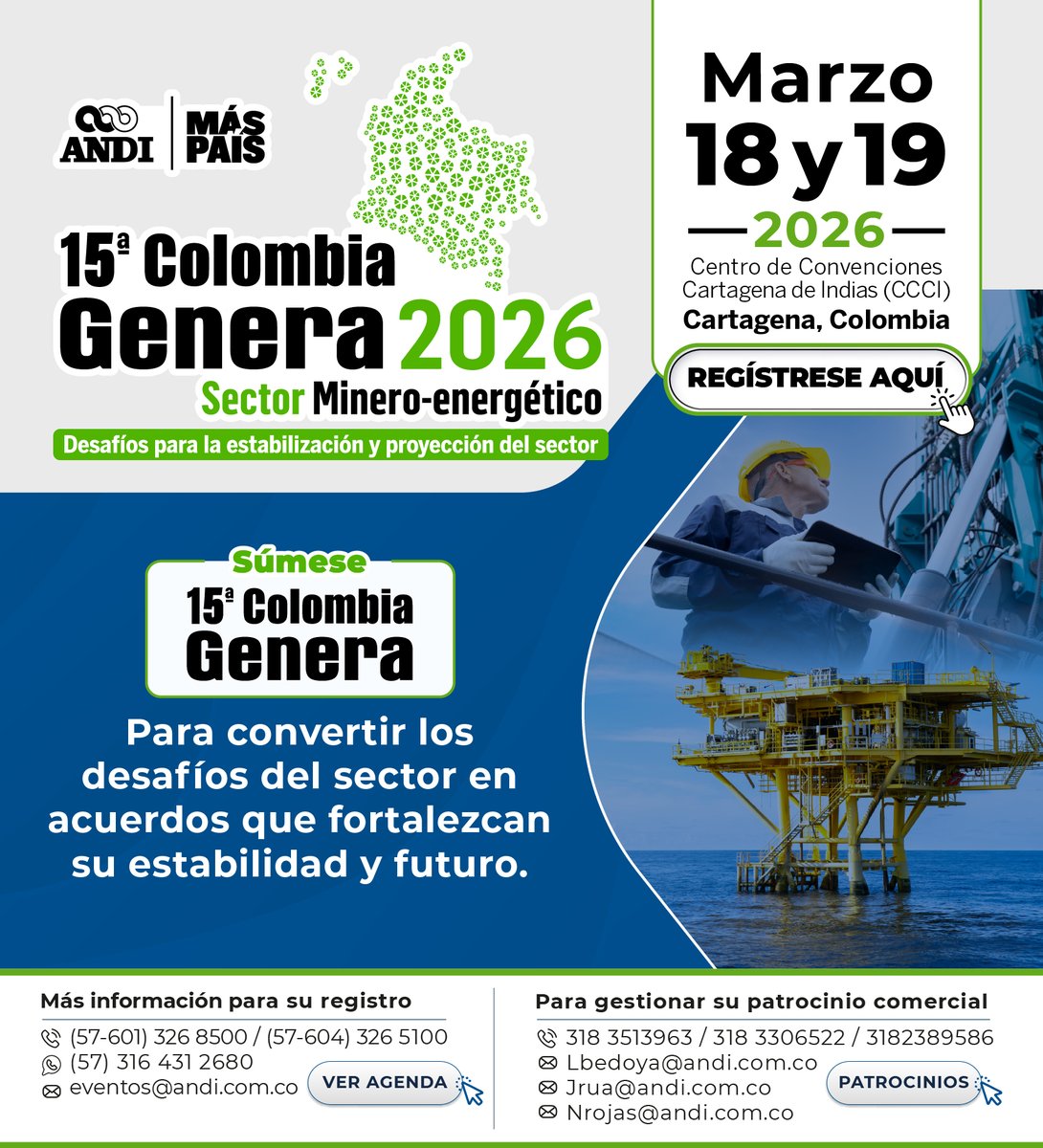 ANDI_Colombia's tweet photo. En la 15ª edición de #ColombiaGenera 2026, trabajaremos en la construcción de acuerdos que fortalezcan la estabilidad, inversión y el futuro del sector.

📍 Cartagena - 18 y 19 de marzo de 2026

Inscríbase aquí 👉 https://t.co/iMnpJeGw3H

#MásPaísANDI https://t.co/yRluRSkIWx