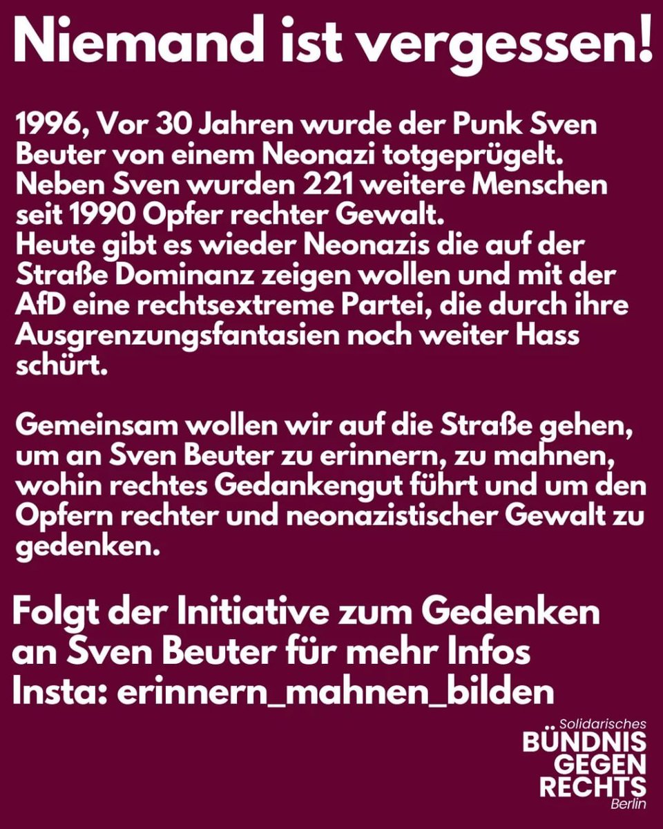 BerlinDemo's tweet photo. 💥Ankündigung! Samstag 21.02.2026💥
🕯✊🏾Antifaschistische Gedenkdemo in Erinnerung an Sven Beuter✊🏾🕯
Samstag, 21.02.2026 | 12:00 | S-Bhf Zoologischer Garten, Gleis 2, 10623 Berlin
📣 Aufruf: https://t.co/9FrgqCElqL
#b2102 #KeinVergessen
1/2 https://t.co/GX0qmtgVI8