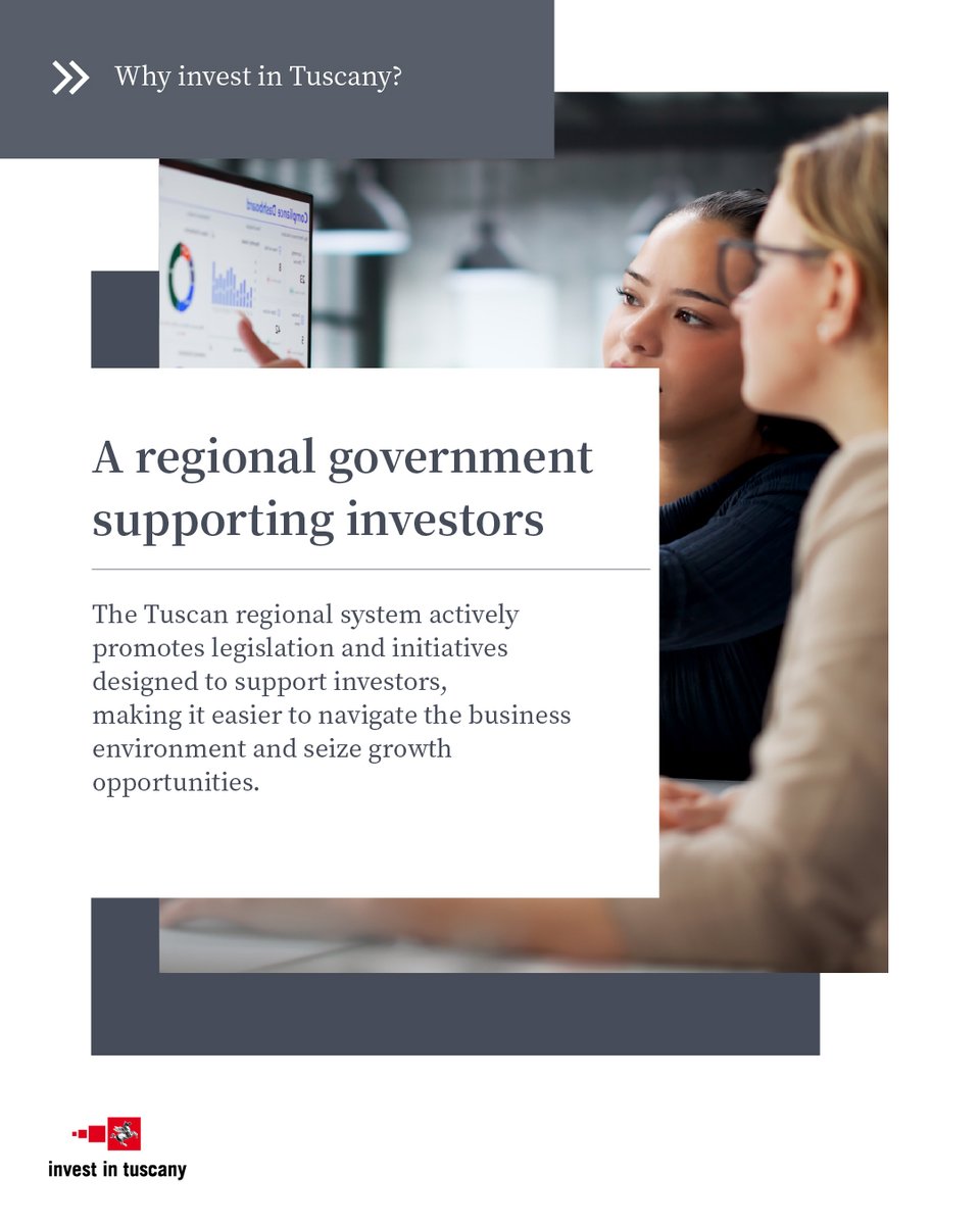 Tuscany’s regional government is open for business, actively promoting legislation and initiatives to support investors. 

Discover more: investintuscany.com