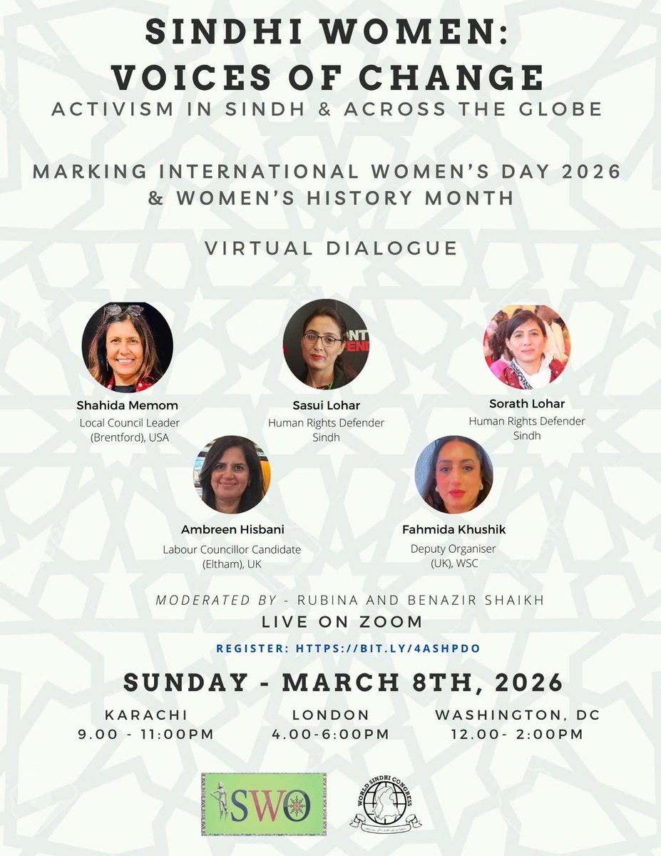 عورتن جي عالمي ڏينهن جي مناسبت سان اهم ويبنار رٿيو ويو آهي.
⁦<a href="/sindhicongress/">WorldSindhiCongress</a>⁩ ⁦<a href="/khalidkoree/">khalid hussain</a>⁩ ⁦<a href="/UstadrahiS/">Ustad Rahi Soomro</a>⁩ ⁦<a href="/TahaSSiddiqui/">Taha Siddiqui</a>⁩ ⁦<a href="/UN_HRC/">UN Human Rights Council</a>⁩ ⁦<a href="/iamthedrifter/">Ayesha Siddiqa</a>⁩ ⁦<a href="/atifthepoet/">Atif Tauqeer</a>⁩ ⁦<a href="/VeengasJ/">Veengas</a>⁩ ⁦<a href="/SasuiiLohar/">Sasui Lohar سسئي لوھار</a>⁩ ⁦<a href="/sarangjoyo/">Sarang Joyo</a>⁩