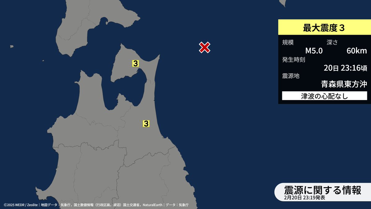 【震源に関する情報〔津波の心配なし〕】
20日23時16分ごろ、青森県東方沖を震源とする地震がありました。震源の深さは約60km、地震の規模を示すマグニチュードは、M5.0と推定されています。