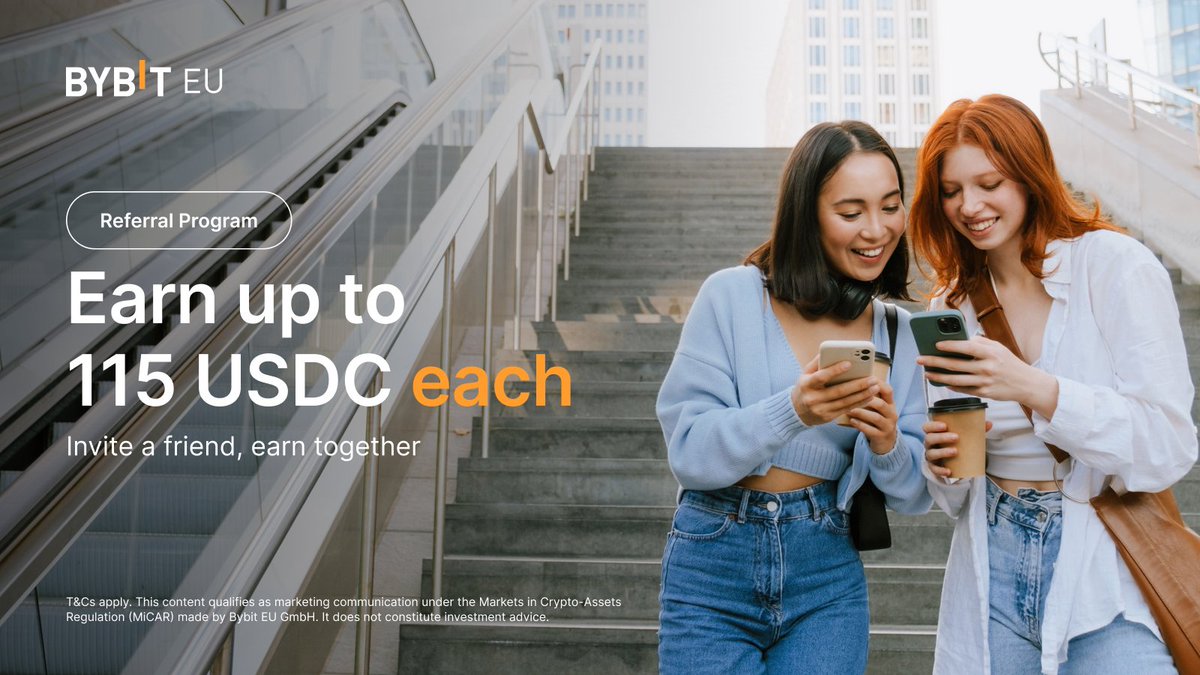 Invite Friends to Earn Over 115 USDC and 15% Commission 🎁

Invite. Earn. Repeat. 🔁

With the Bybit EU Referral Program, both you and your friends get rewarded:

• Up to 115 USDC in bonuses per referral
• Earn commission every time they trade
• Instant rewards from deposits &amp;