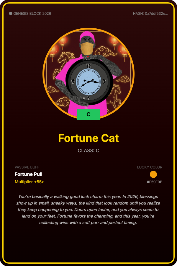 JohnTally99's tweet photo. Testing my luck with Perle of Fortune: Year of the Horse 🧧

Just minted my Perle Identity: Fortune Cat (C)

Passive Buff: Fortune Pull (+55x) 💰

Generate your own unique Perle card + claim a limited red packet cover 👇 https://t.co/DAsig0cRxc https://t.co/clQ0y9y5bD