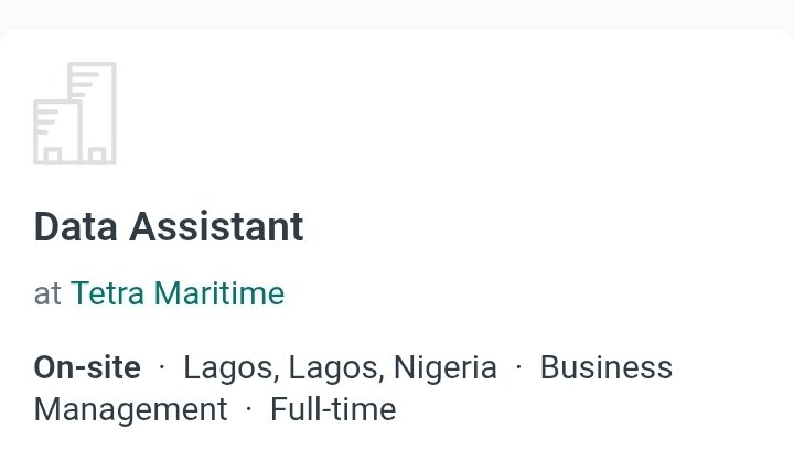 Data Assistant (entry-level)

Location: Lagos 

No prior industry experience required; suitable for entry‑level candidates with an interest in shipping.​

Requirements
•Excellent written and verbal communication skills. 
•High attention to detail. 
•Strong organizational