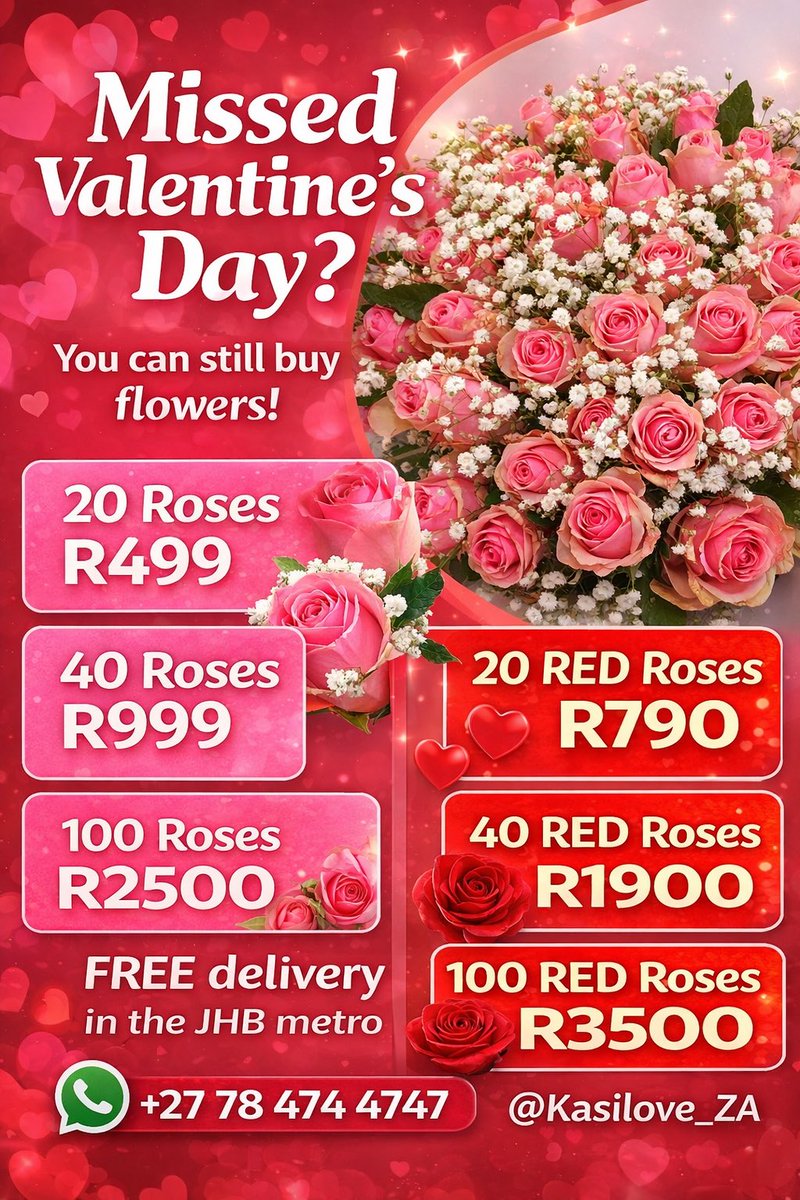 Missed Valentine’s Day? 💔 No stress—love never expires! 
Spoil that special someone (or yourself) with fresh flowers, gifts, cakes, plants, cosmetics + more… delivered with ❤️ straight to your door!
🌸 FREE delivery all over Joburg metro 🚀
Order now:
📲
wa.me/27784744747