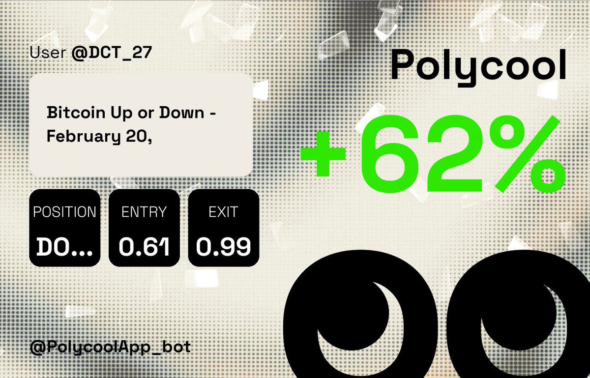BACK-TO-BACK BANGERS: POLYCOOL PREDICTORS ARE UNSTOPPABLE 🔥💰

- Real users copying sharp wallets just printed massive greens on BTC Up/Down:

1) → +84% (Feb 19)
Entry 0.51 → Exit 0.94

2) → +62% (Feb 20)
Entry 0.61 → Exit 0.99

That's +84%... +62%... in HOURS. Not luck. Not