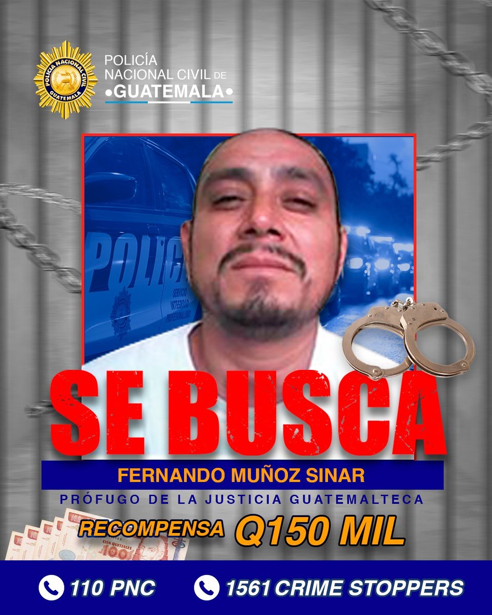 #SeBusca 

Si usted conoce detalles de la ubicación para la recaptura del prófugo, Fernando Muñoz Sinar comuníquese al 110 de la <a href="/PNCdeGuatemala/">PNC de Guatemala</a> 

Q.150 mil de recompensa por entregarlo o facilitar su ubicación.

¡Su llamada es confidencial!