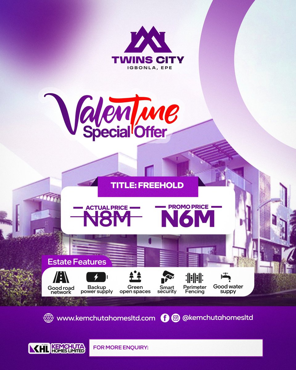*VALENTINE SPECIAL OFFER  LAST DAY!* 

This is your final opportunity to own a premium plot at Twins City, Igbonla – Epe under our Valentine Special Offer!

 *Title* : Freehold
*Actual Price* : ₦8,000,000
*Promo Price:* ₦6,000,000