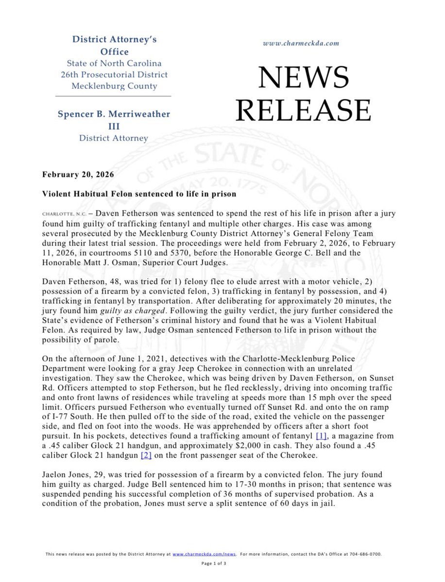 CharMeckDA's tweet photo. Daven Fetherson, a Violent Habitual Felon, was sentenced to life in prison after a Mecklenburg County jury found him guilty of trafficking fentanyl and multiple other charges during a recent trial session led by the DA’s General Felony Team. https://t.co/TsaomWRW3w