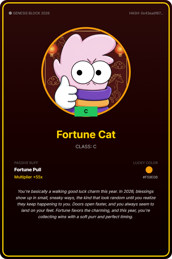 Testing my luck with Perle of Fortune: Year of the Horse 🧧

Just minted my Perle Identity: Fortune Cat (C)

Passive Buff: Fortune Pull (+55x) 💰

Generate your own unique Perle card + claim a limited red packet cover 👇 perleoffortune.xyz/share/0x43ead1…