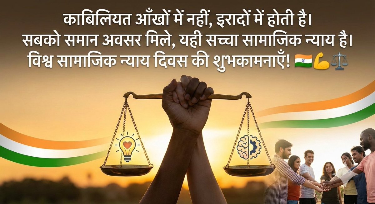 काबिलियत आँखों में नहीं, इरादों में होती है। सबको समान अवसर मिले, यही सच्चा सामाजिक न्याय है। विश्व सामाजिक न्याय दिवस की शुभकामनाएँ! 🇮🇳💪⚖️
#WorldDayOfSocialJustice