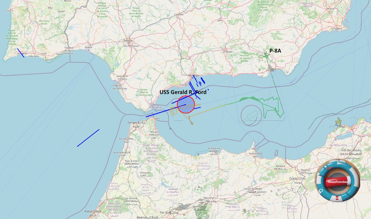 riskiomap's tweet image. Updated OSINT shows the USS Gerald R. Ford (#CVN-78) transiting the Strait of Gibraltar, with a P-8A Poseidon providing critical anti-submarine warfare (ASW) escort.

The carrier  is now officially in the Mediterranean.

#USSGeraldRFord #OSINT #USNavy #Gibraltar #P8APoseidon