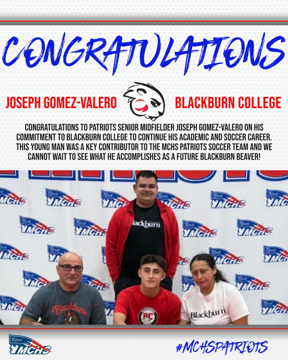 A big congratulations to senior Joseph Gomez-Valero on his commitment to Division III Blackburn College where he will attend school and play for the Beavers soccer program. We wish Joseph all the best and are excited to see what he will accomplish at Blackburn...GO PATRIOTS!!!