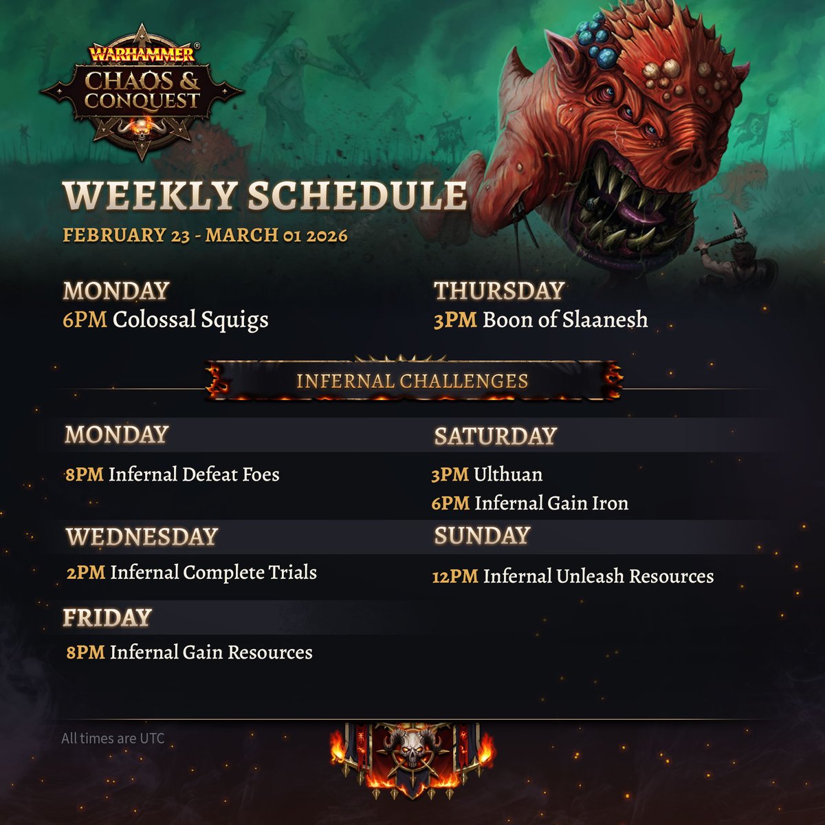 ChaosConquest's tweet photo. ⚔️ Powerful Lords! ⚔️
Behold the upcoming Weekly Schedule.

Take part in the Coloassal Squig event on Monday, then on Thursday, Boon of Slaanesh.

There will also be Ulthuan on Saturday!

Finally, be prepared to face Empire Armies &amp; Foes all week long.

Have a great weekend! 💪 https://t.co/gqTmNK8TWn