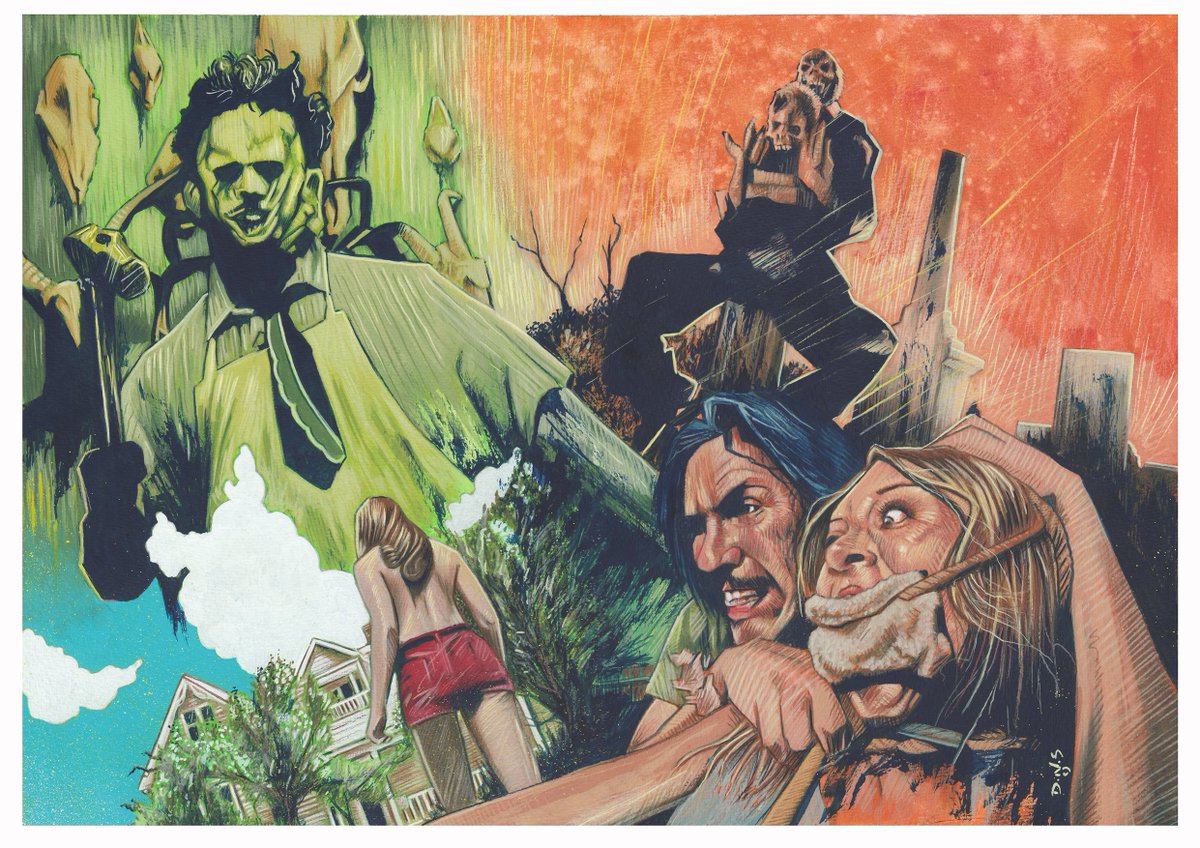 portless's tweet photo. A3 texas chainsaw plus 2 A4 pieces £220 free post in UK plus post everywhere else Dms are open Reposts appreciated #Art #Artforsale #Paintings #Texaschainsaw #Movies #HorrorMovies #HorrorCommunity #Cultmovies #Commissionsopen https://t.co/EnxqHcfSGl