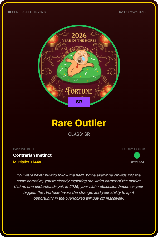 Testing my luck with Perle of Fortune: Year of the Horse 🧧

Just minted my Perle Identity: Rare Outlier (SR)

Passive Buff: Contrarian Instinct (+144x) 💰

Generate your own unique Perle card + claim a limited red packet cover 👇 perleoffortune.xyz/share/0x52c04d…