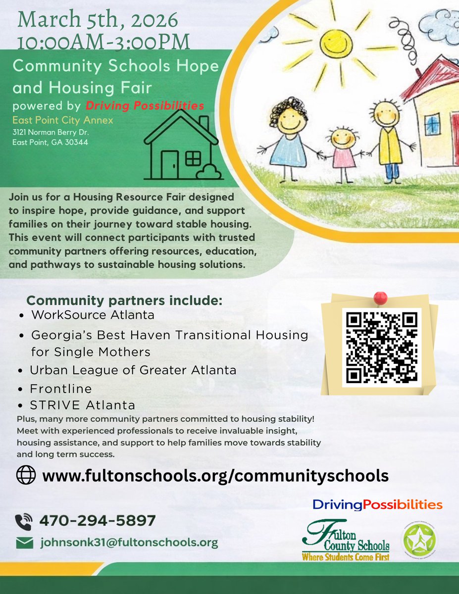 Need housing resources or support? Join us at the Hope &amp; Housing Fair on March 5 to connect with trusted community partners, explore housing assistance options, and access valuable resources for your family.
👉 fultonschools.org/communityschoo…

#FultonCountySchools #CommunitySchools
