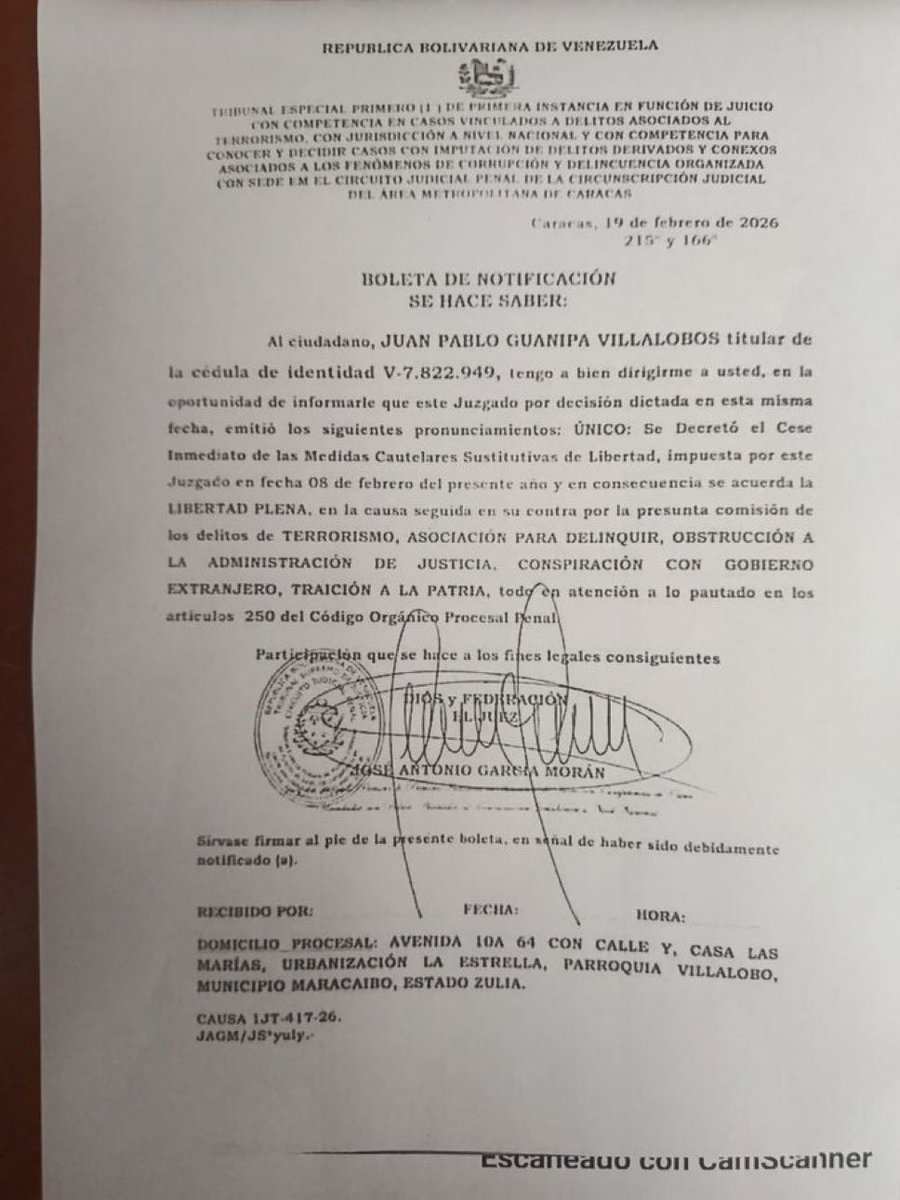 La boleta que notifica mi LIBERTAD PLENA.