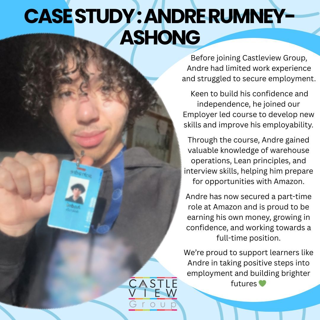 CastleVGroup's tweet photo. ๐Learner Success โ Andre๐
After building his skills through our employer-led training, Andre secured a part-time role with Amazon โ and continues to thrive!๐ผ๐
#CastleviewGroup #LearnerSuccess #TrainingForSuccess https://t.co/Hk51ETgK3s