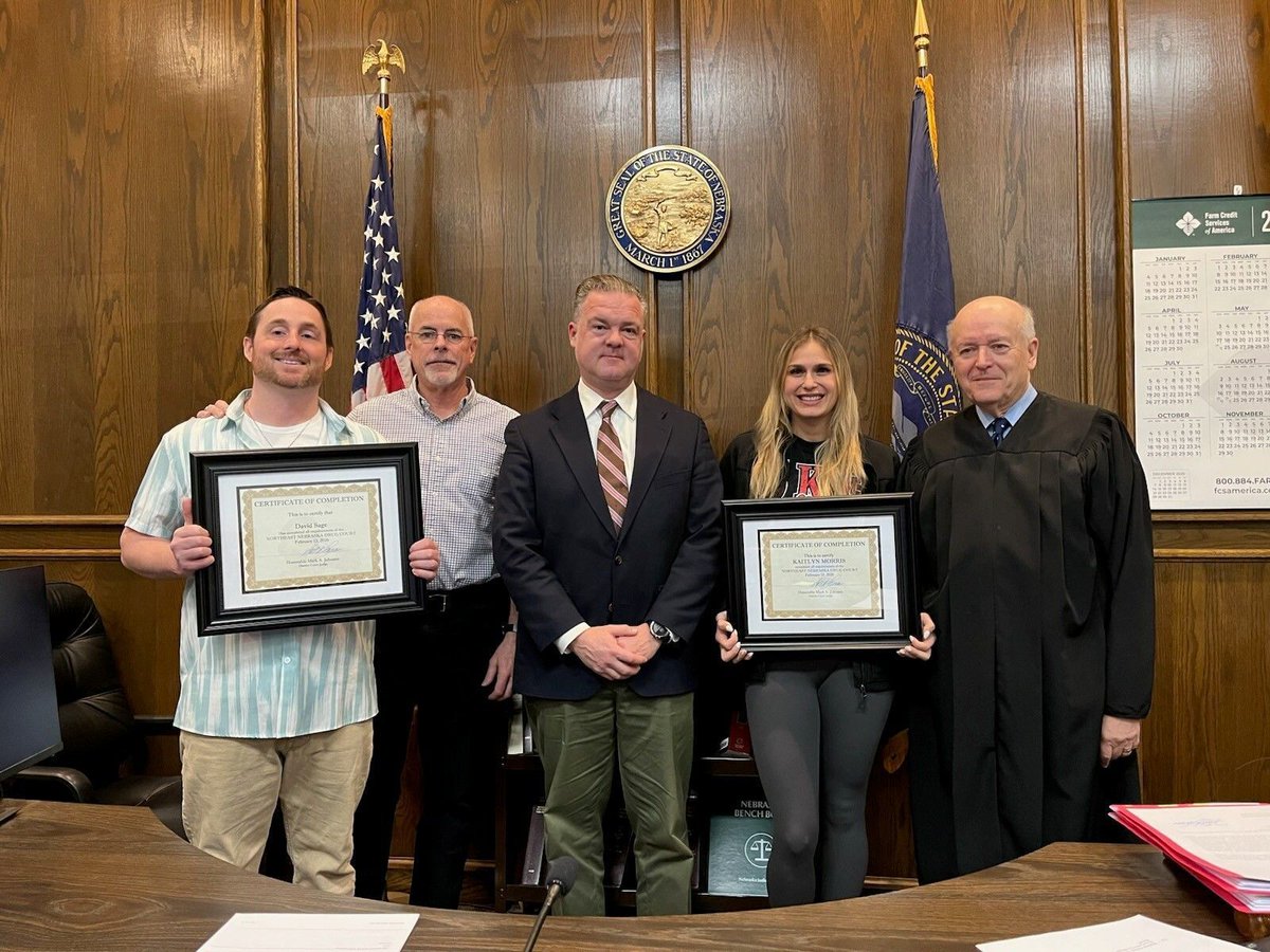 On February 13, 2026, the Northeast Nebraska Adult Drug Court held a graduation ceremony at the Madison County Courthouse, with the Honorable Mark Johnson presiding. Retired District Court Judge James Kube also attended. buff.ly/fDbIPr0