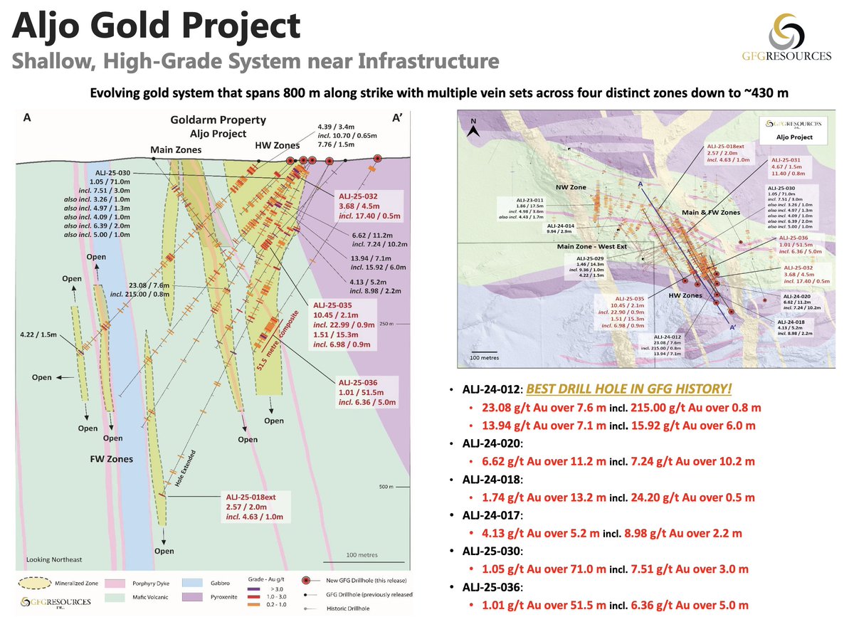 At the Aljo Gold Project, drilling intersected high-grade gold mineralization, including 23.08 g/t gold over 7.6 metres, with multiple additional intercepts confirming an evolving gold system extending over 800 metres along strike.