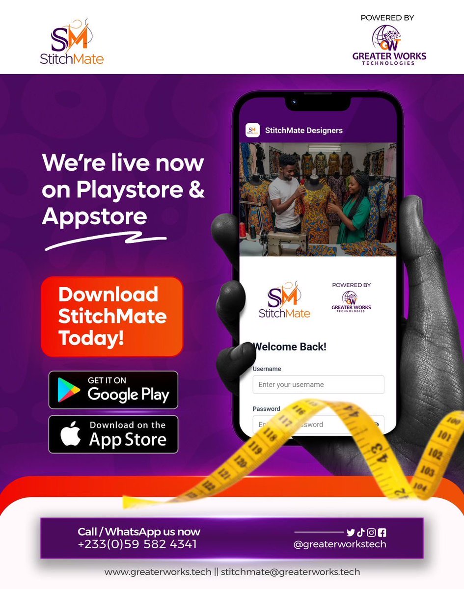 Stitch Mate is an App for fashion designers and seamstresses in Ghana. Download link below 👇🏽