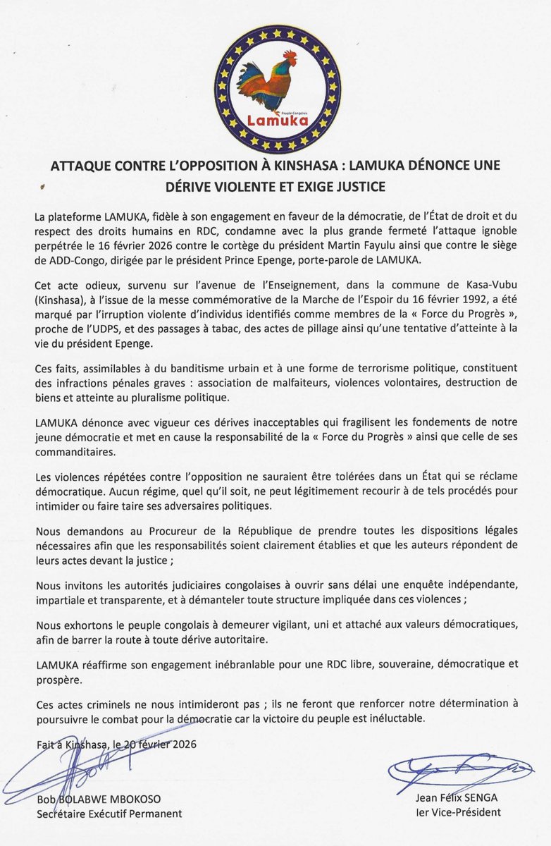 Lamuka dénonce une dérive violente, exige justice et réaffirme son engagement inébranlable pour une RDC libre, souveraine, démocratique et prospère. Demeurons vigilants, unis et attachés aux valeurs démocratiques afin de barrer la route à toute dérive autoritaire.